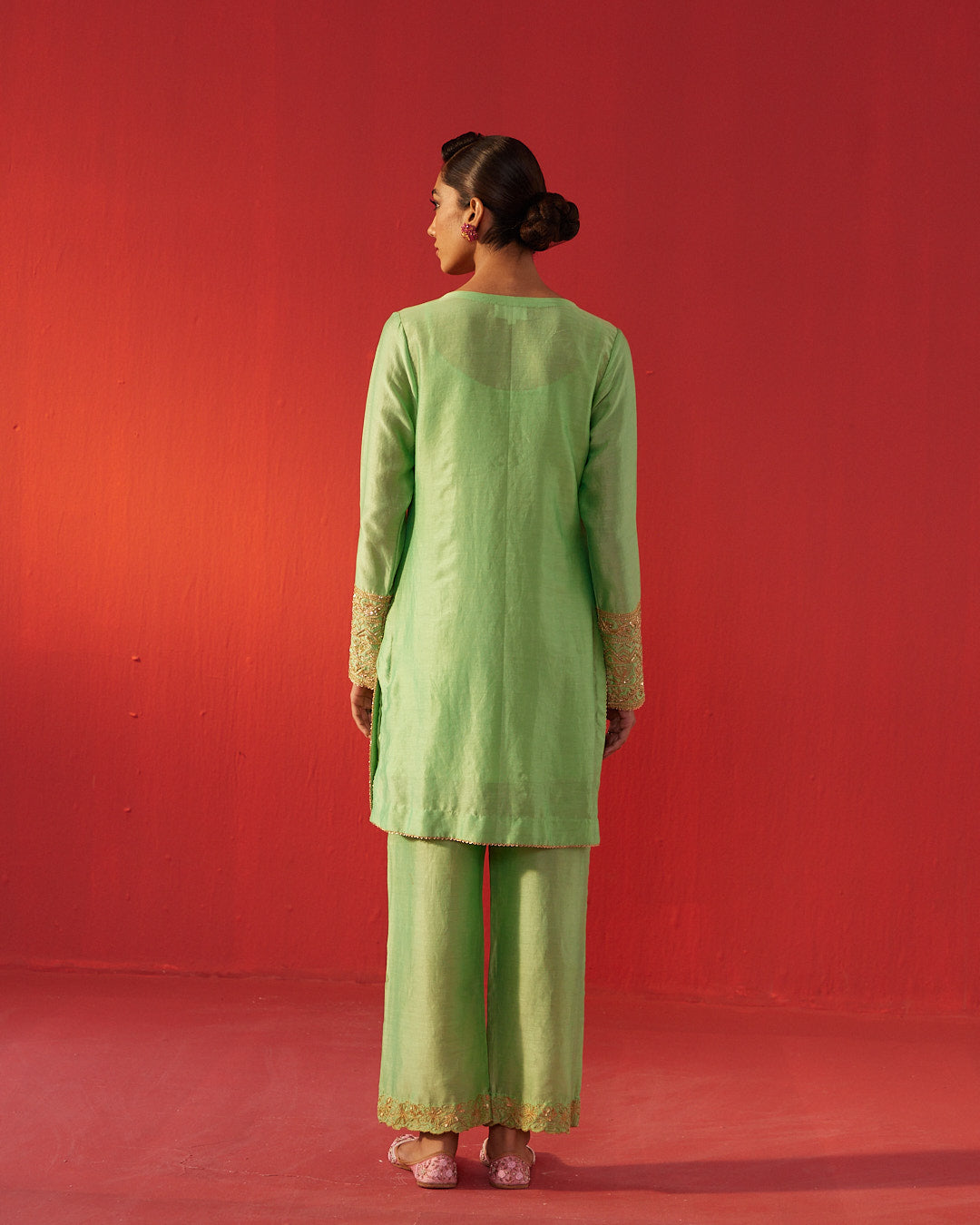 Gold Yoke Embellished Pastel Green Kurta Set