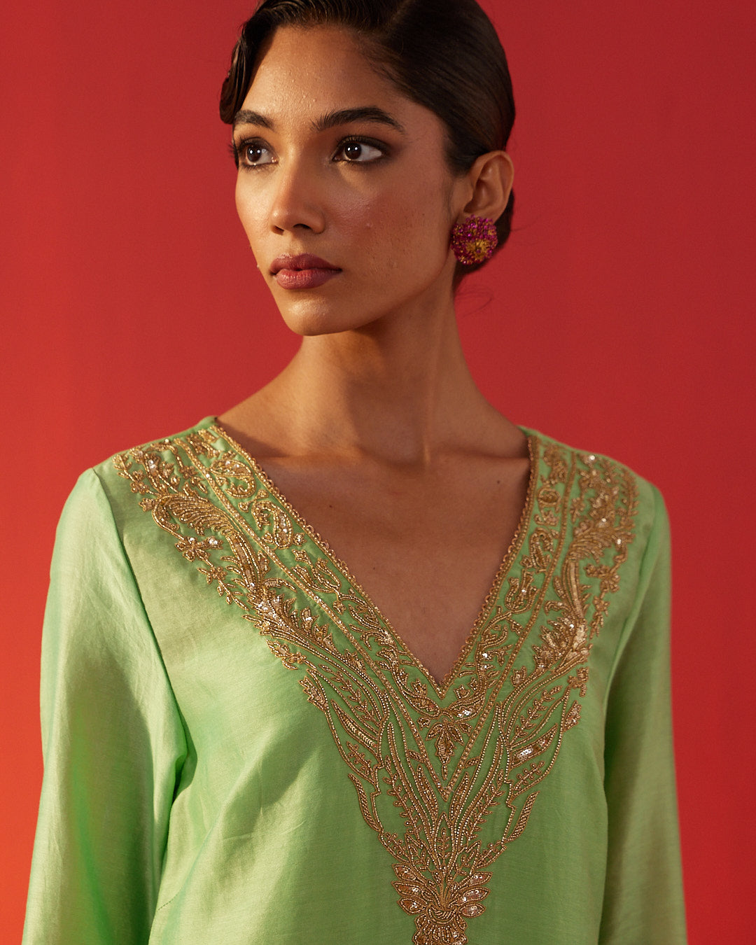 Gold Yoke Embellished Pastel Green Kurta Set