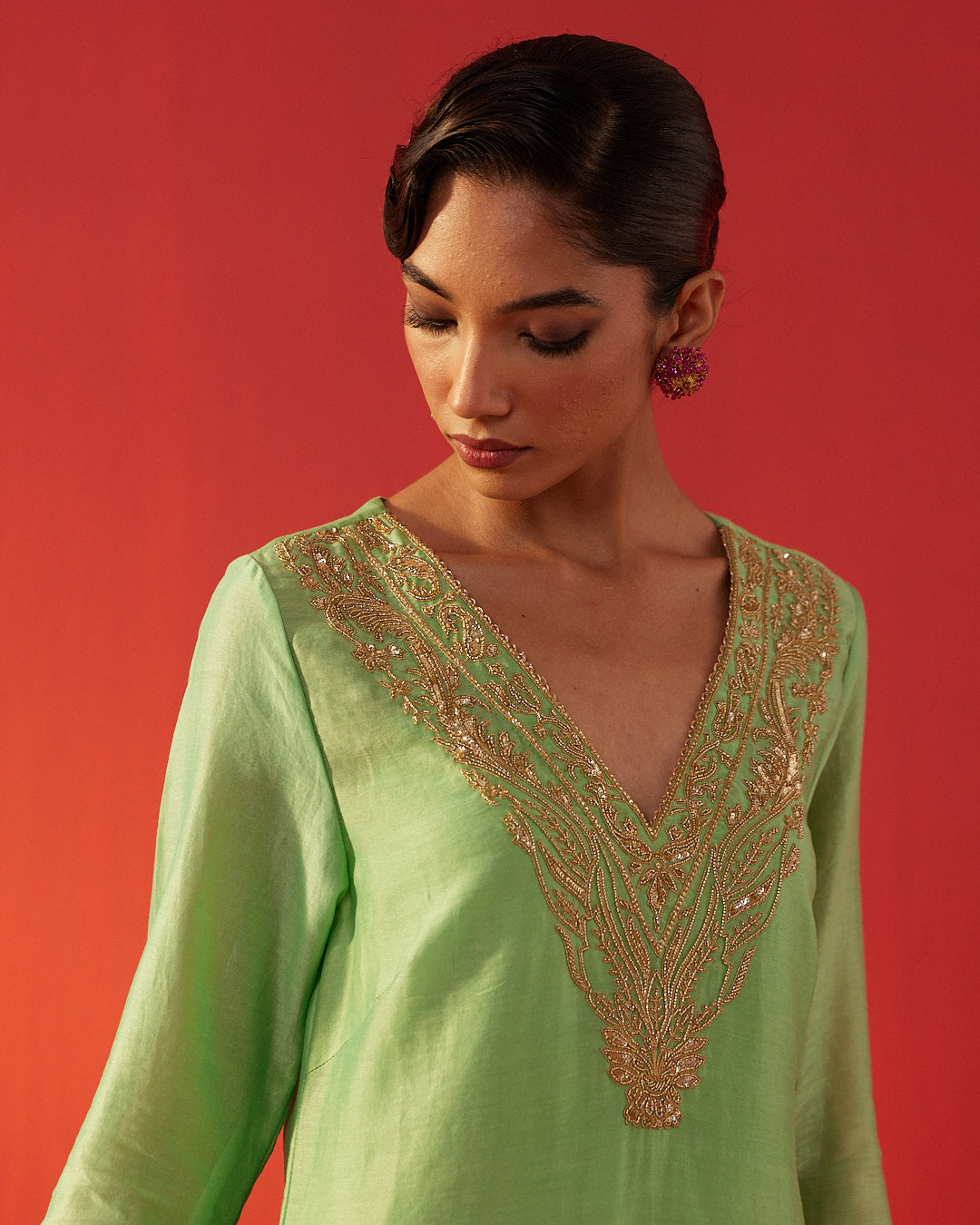 Gold Yoke Embellished Pastel Green Kurta Set