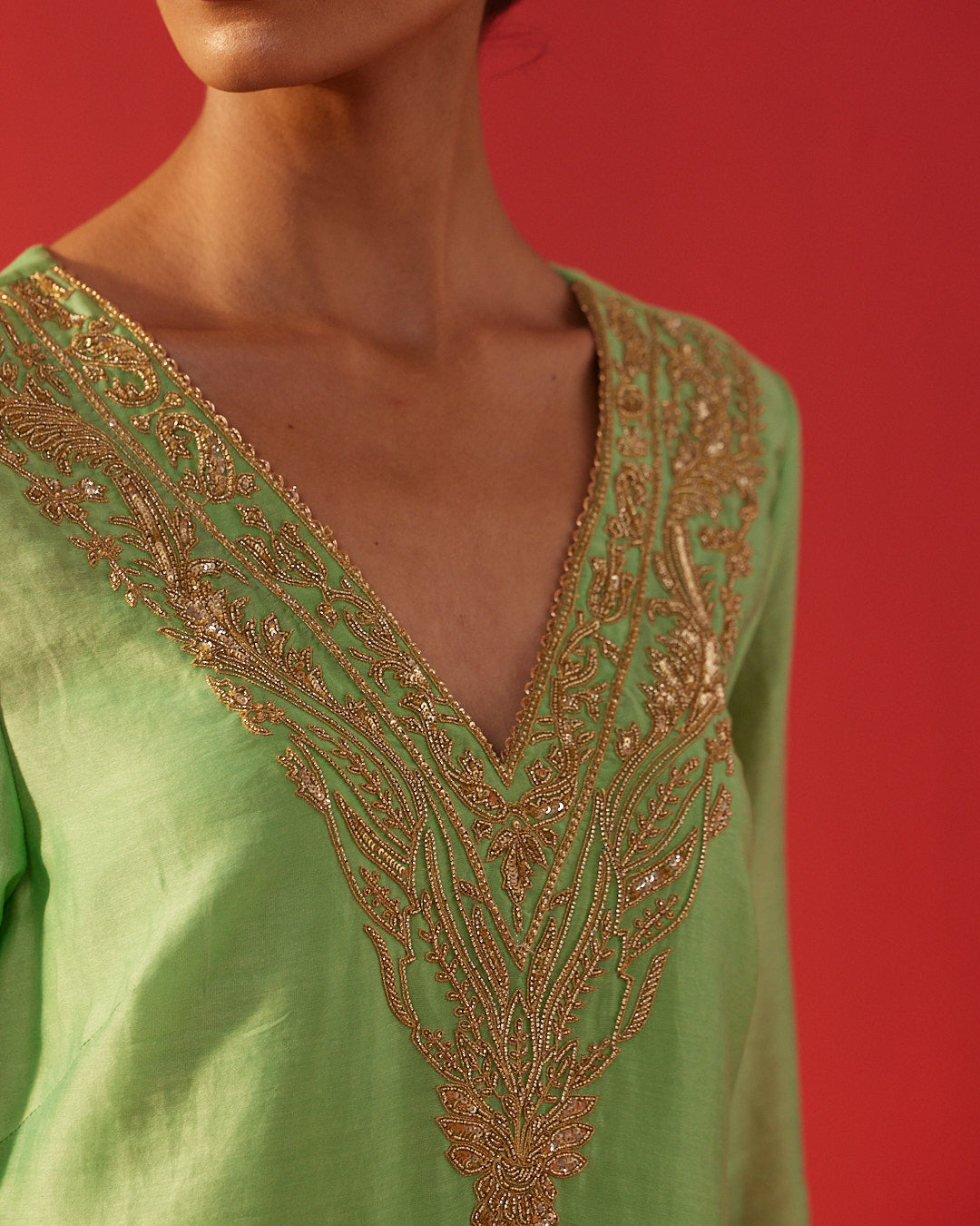 Gold Yoke Embellished Pastel Green Kurta Set