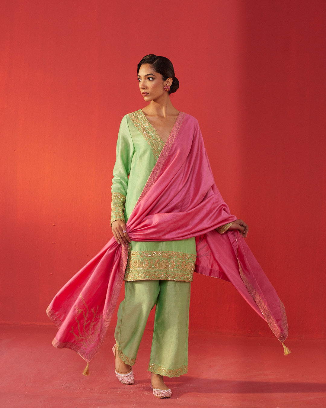 Gold Yoke Embellished Pastel Green Kurta Set