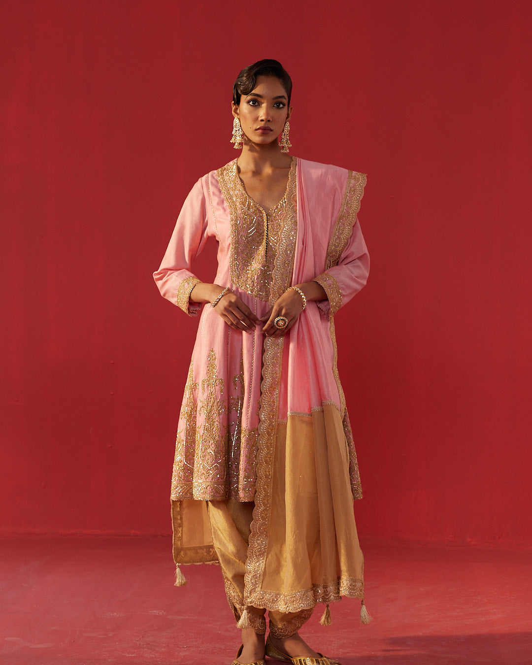 Pink Chanderi Embroidered Kalidar Kurta Set