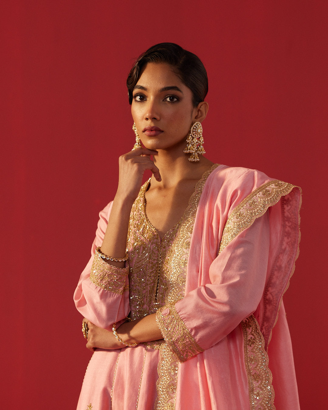 Pink Chanderi Embroidered Kalidar Kurta Set