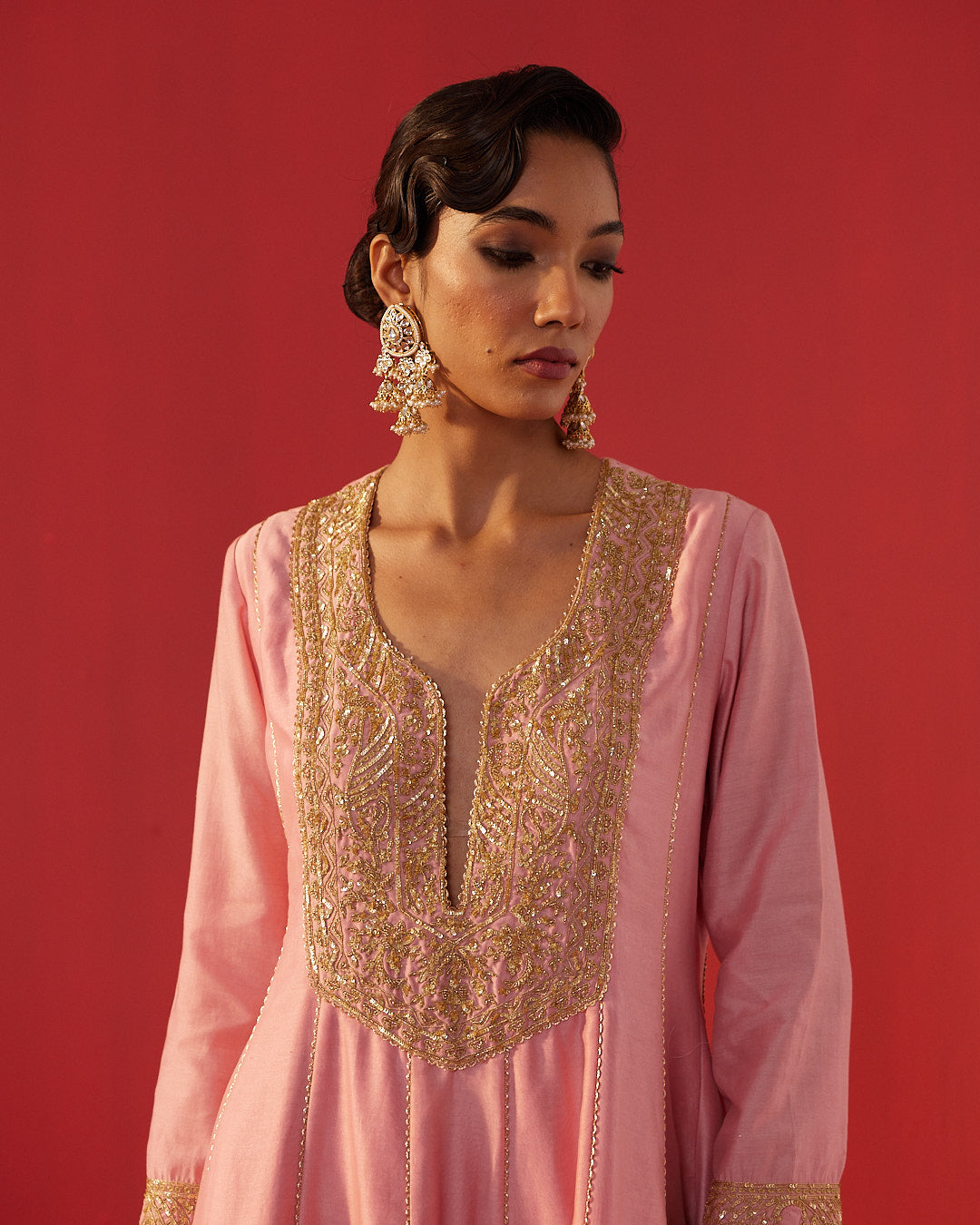 Pink Chanderi Embroidered Kalidar Kurta Set