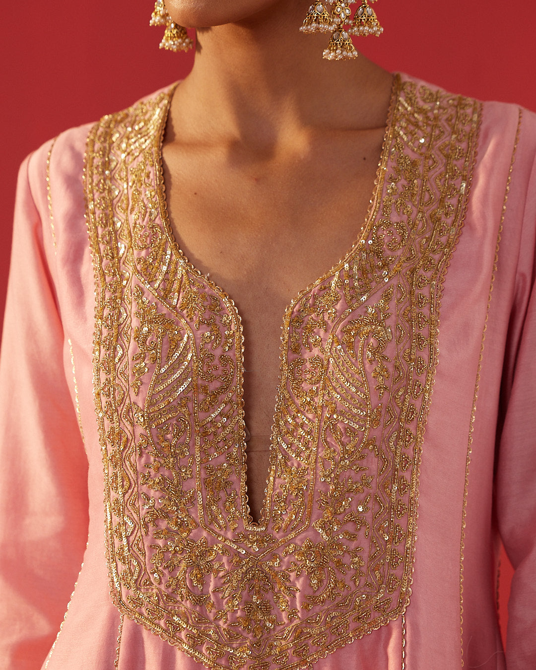 Pink Chanderi Embroidered Kalidar Kurta Set