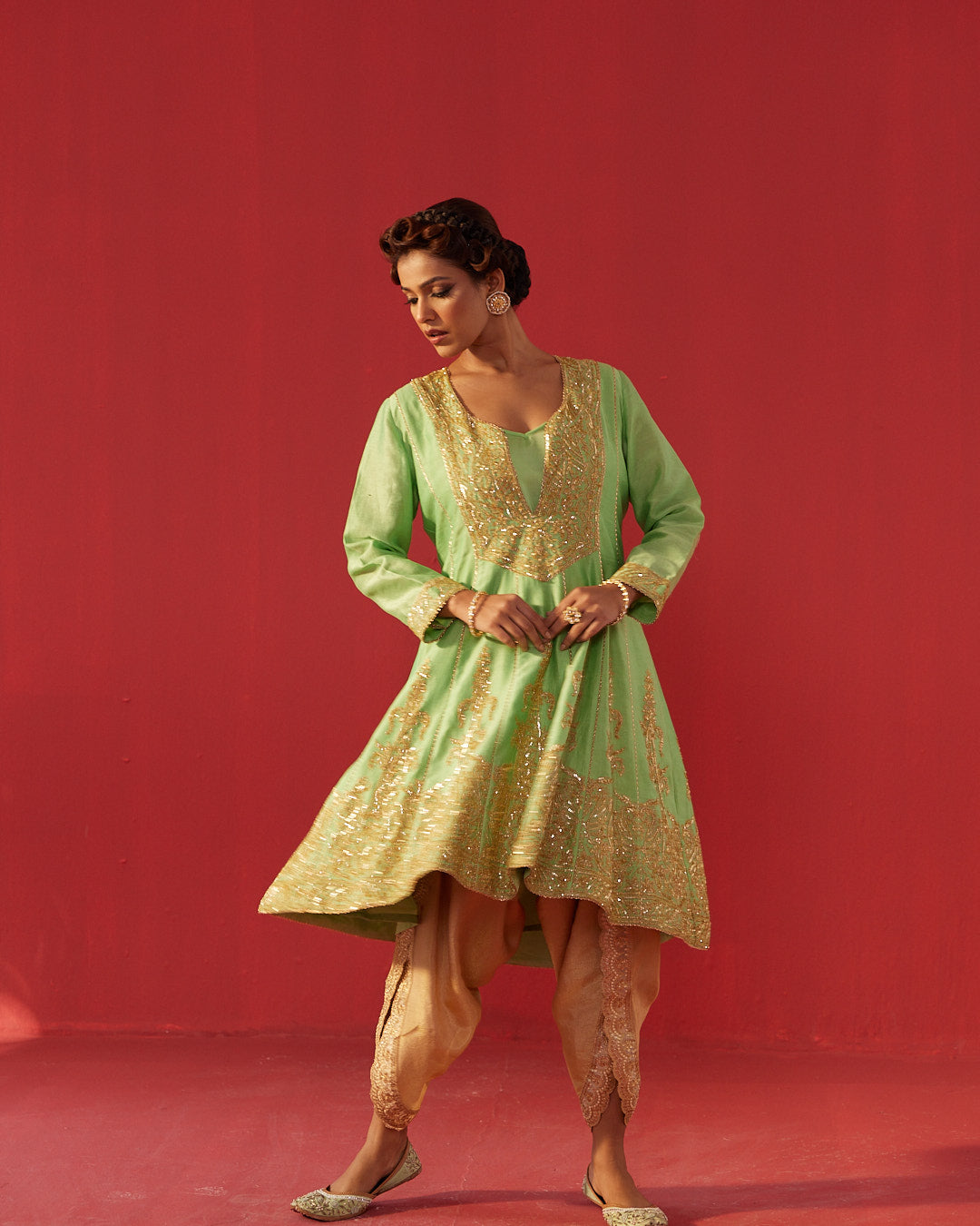 Pista Green Chanderi Embroidered Kalidar Kurta Set