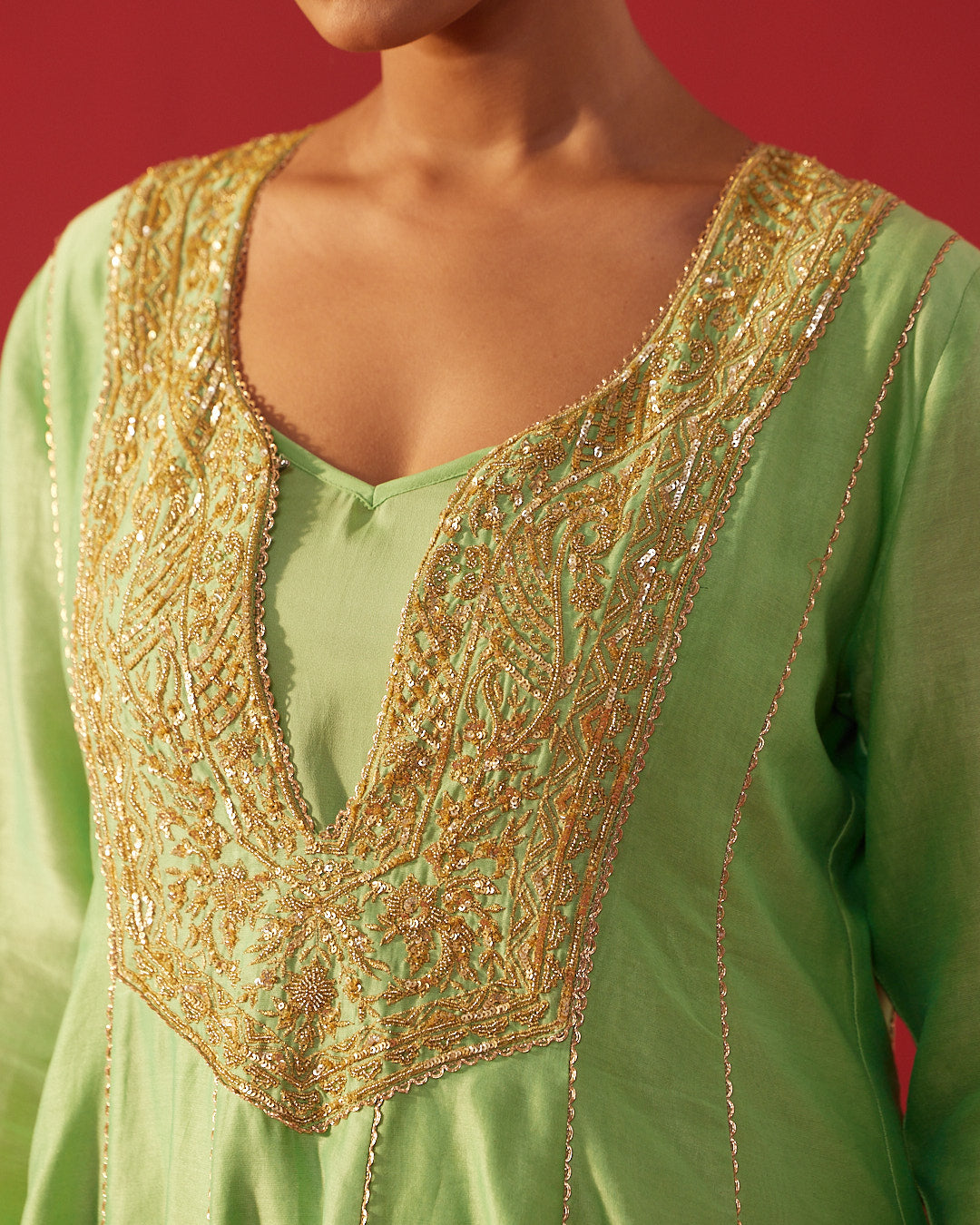 Pista Green Chanderi Embroidered Kalidar Kurta Set