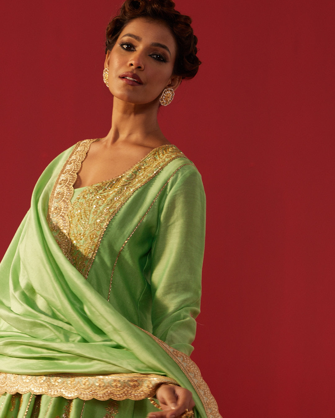 Pista Green Chanderi Embroidered Kalidar Kurta Set