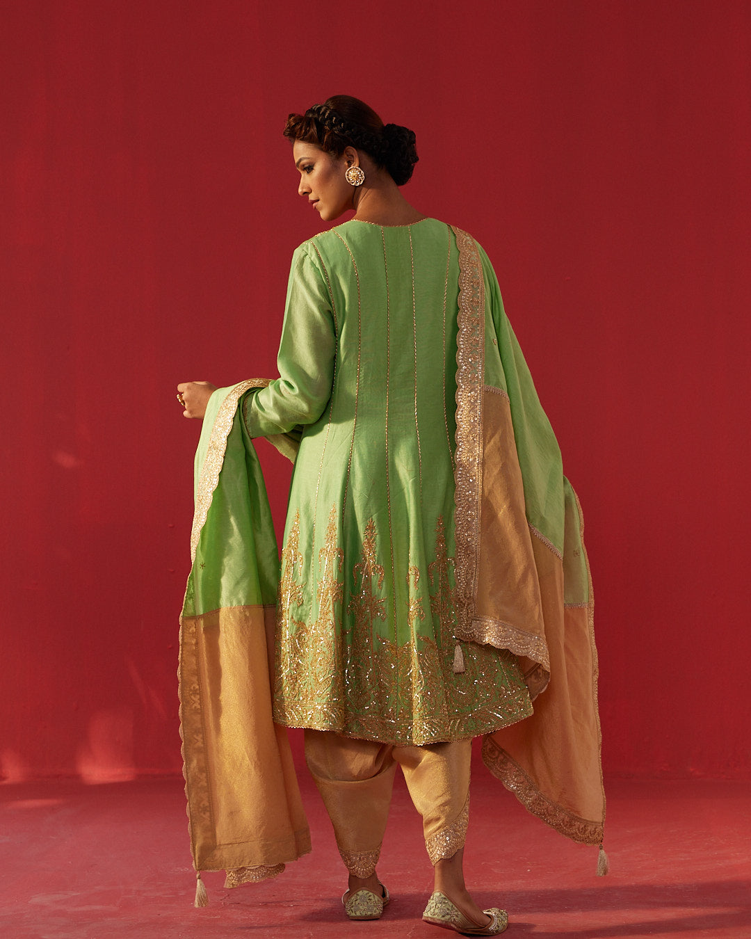 Pista Green Chanderi Embroidered Kalidar Kurta Set