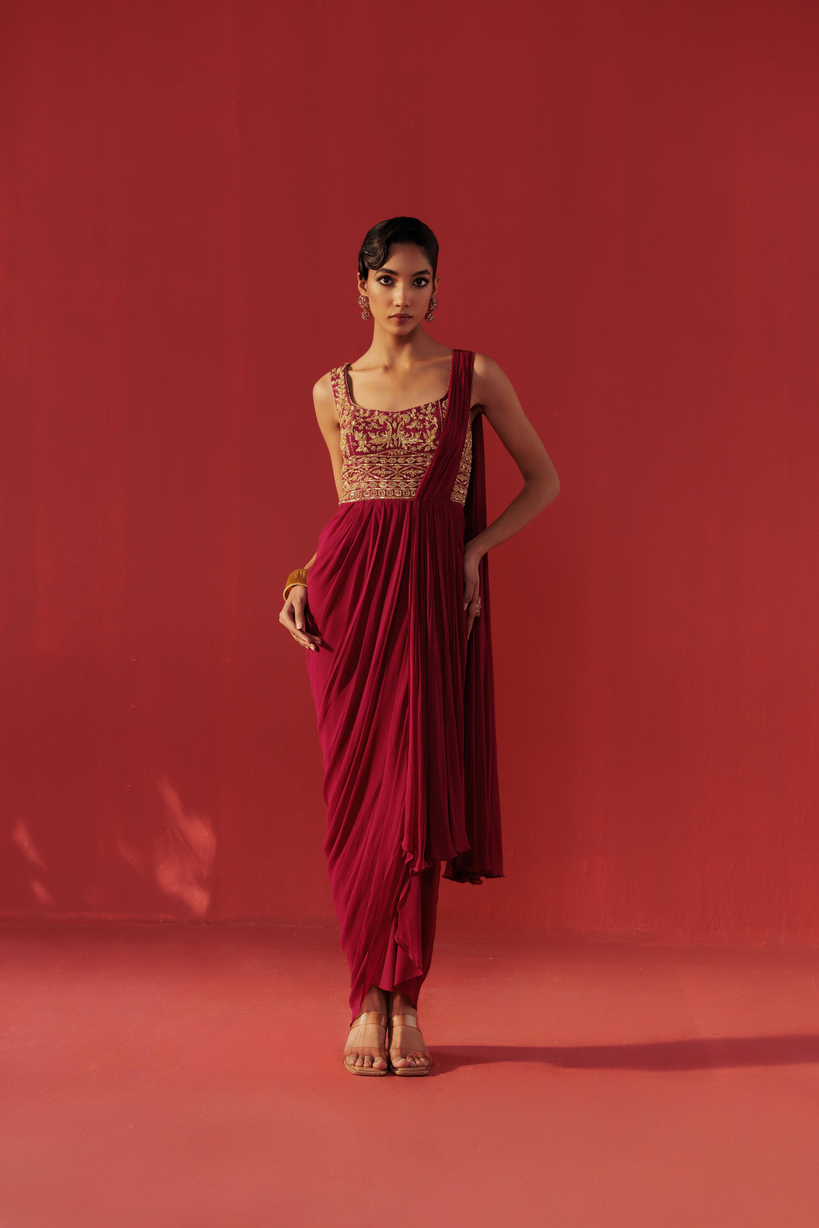 Magenta Rose Embroidered GGT Draped Saree