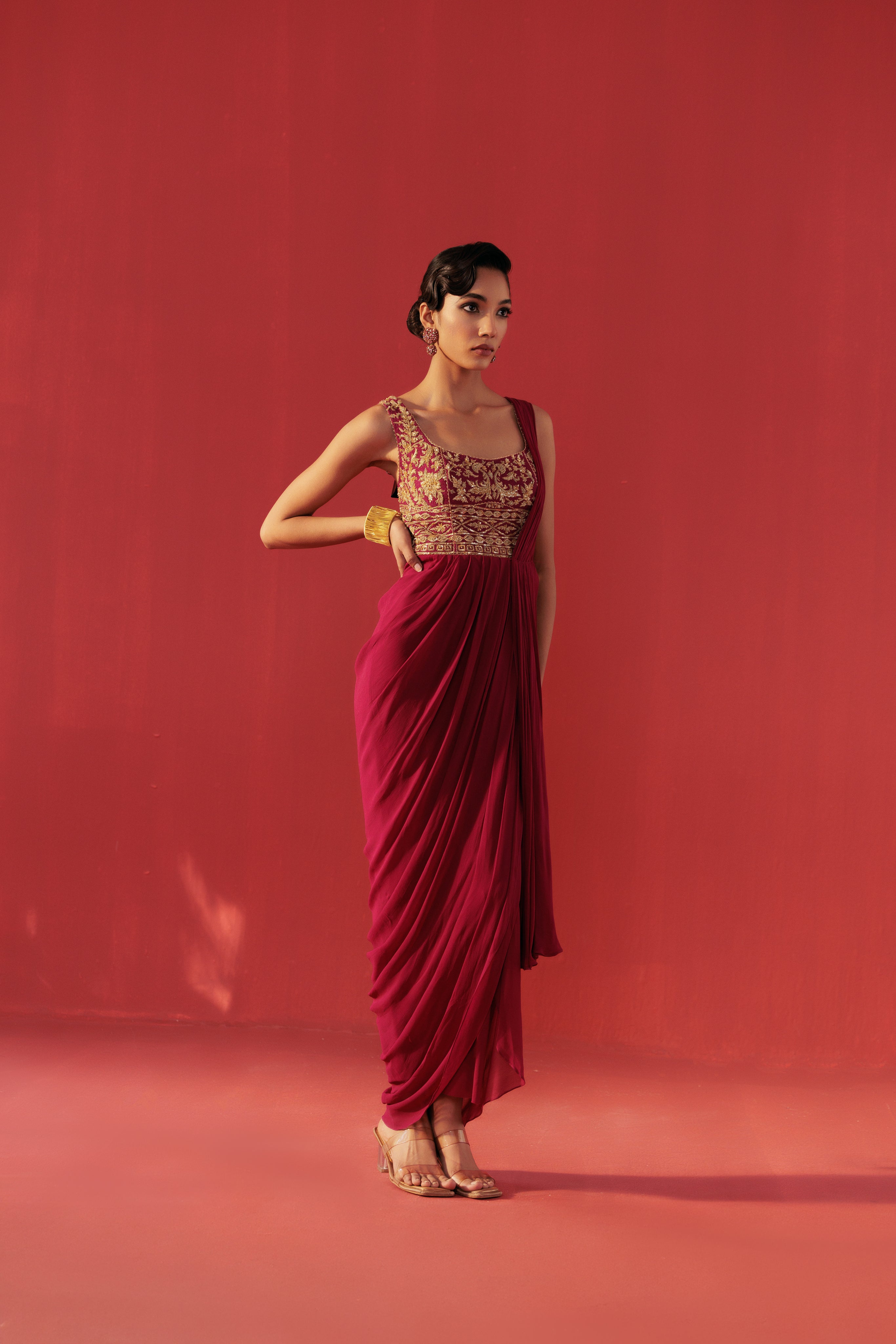 Magenta Rose Embroidered GGT Draped Saree