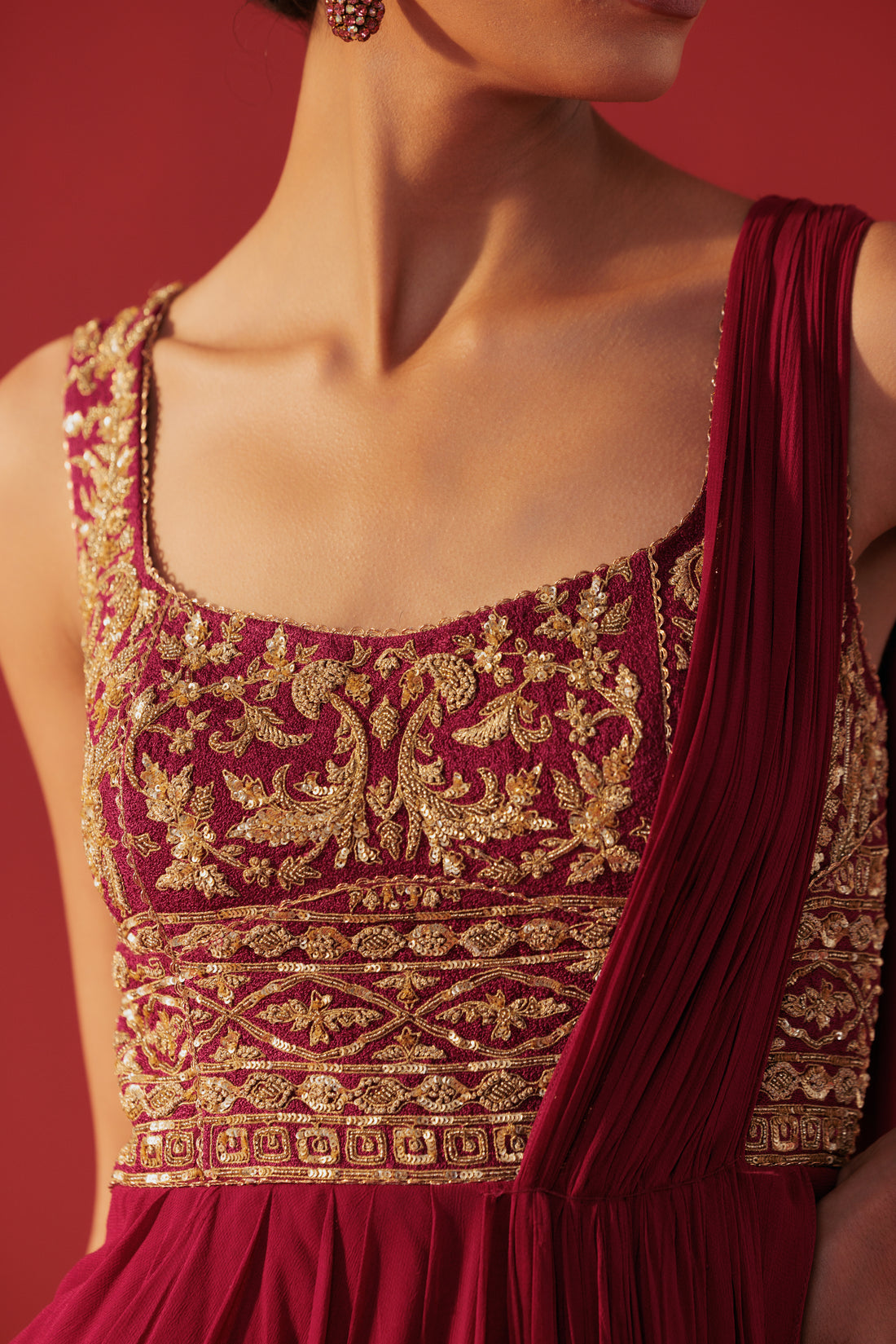 Magenta Rose Embroidered GGT Draped Saree