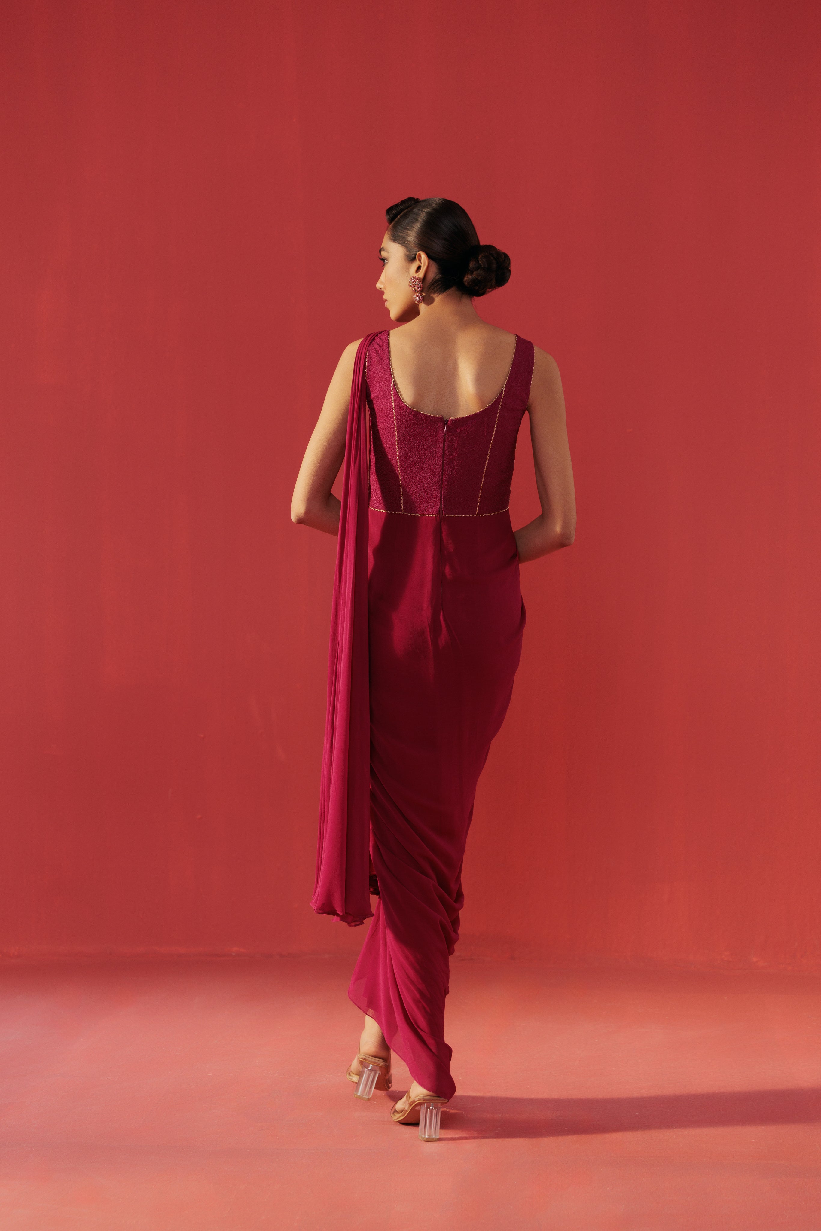 Magenta Rose Embroidered GGT Draped Saree
