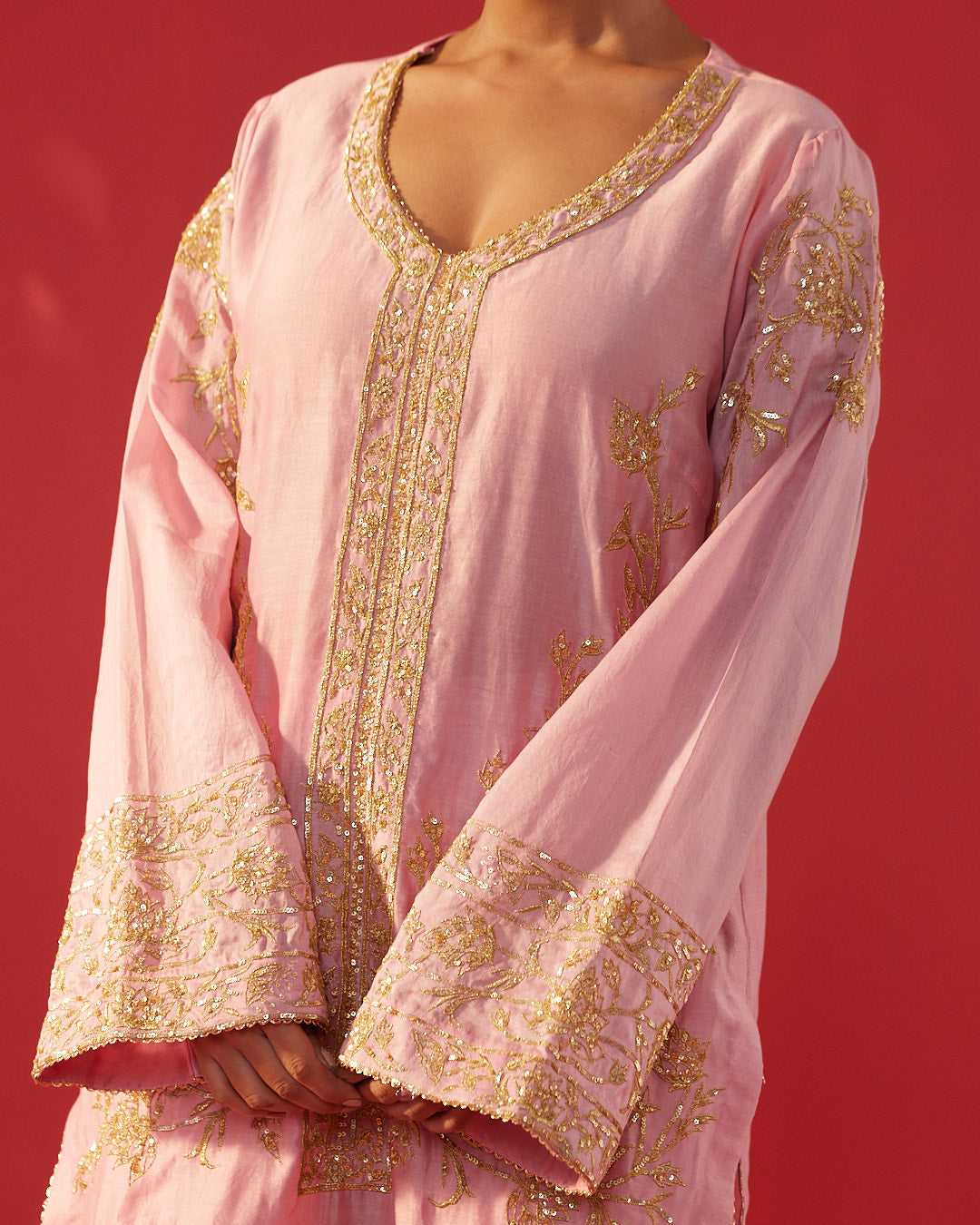 Pink Chanderi Silk Embroidered Short Kurta Set