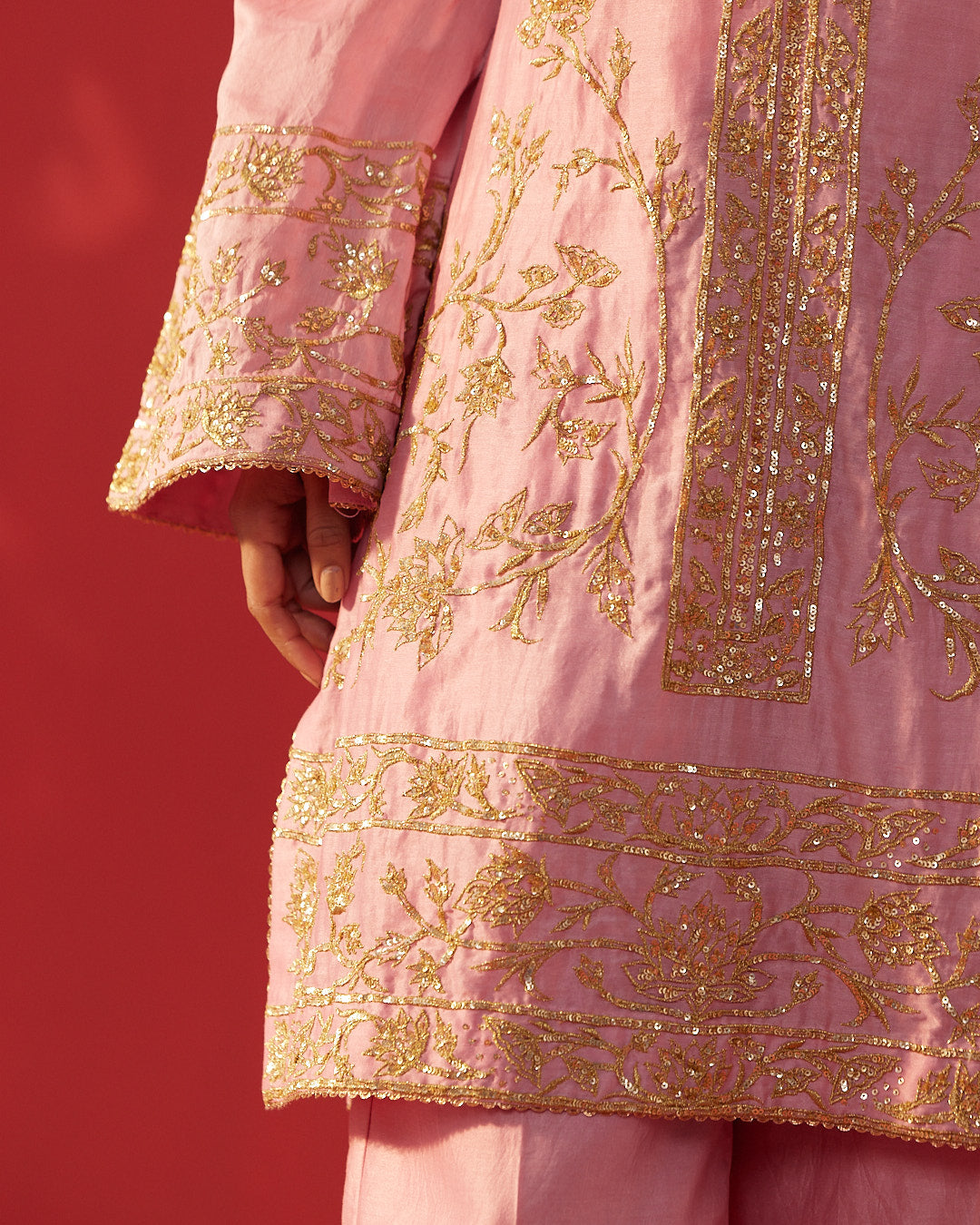 Pink Chanderi Silk Embroidered Short Kurta Set