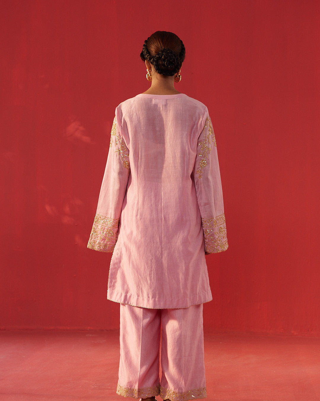 Pink Chanderi Silk Embroidered Short Kurta Set