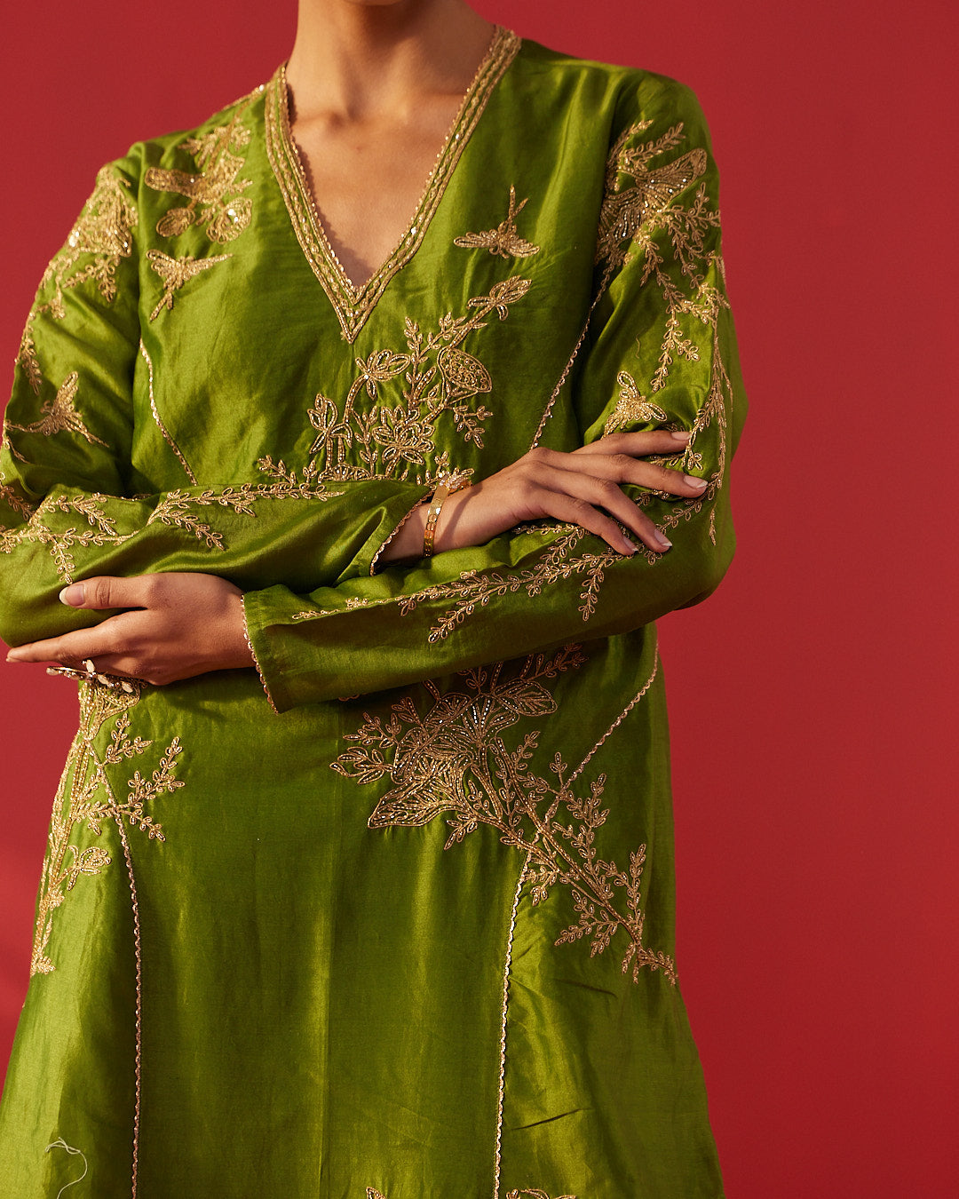 Olive Green Full Embroidered Structured Kurta Set
