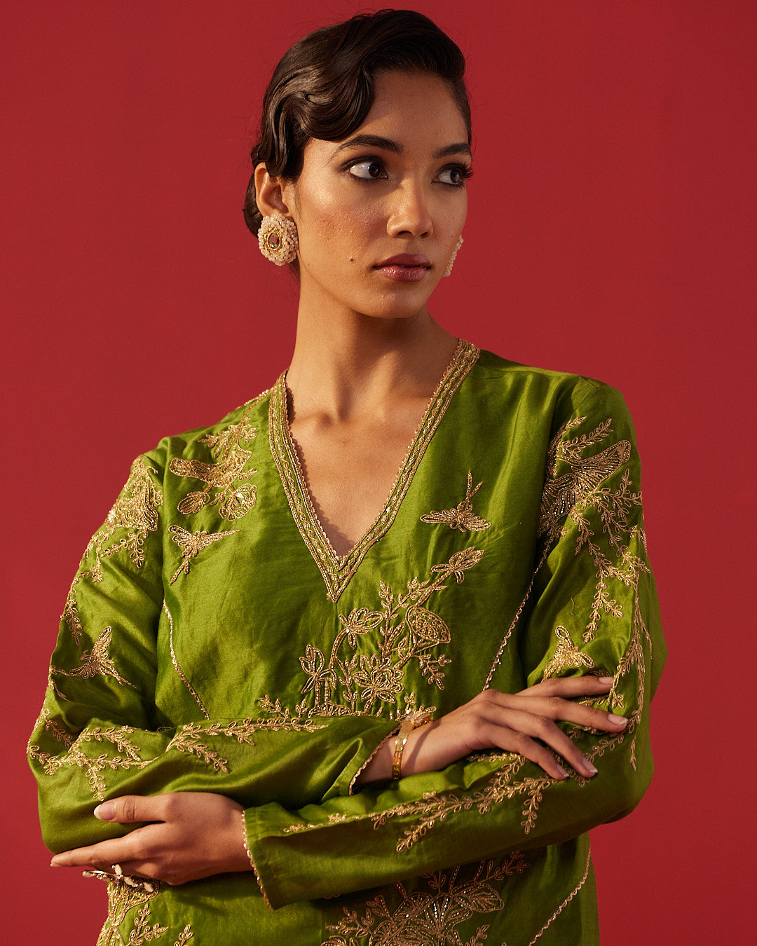 Olive Green Full Embroidered Structured Kurta Set