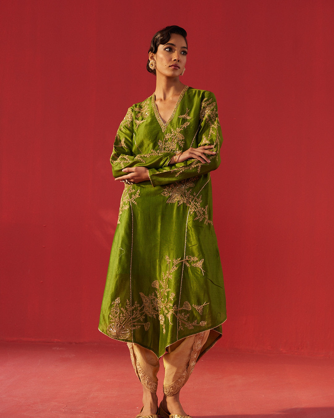 Olive Green Full Embroidered Structured Kurta Set