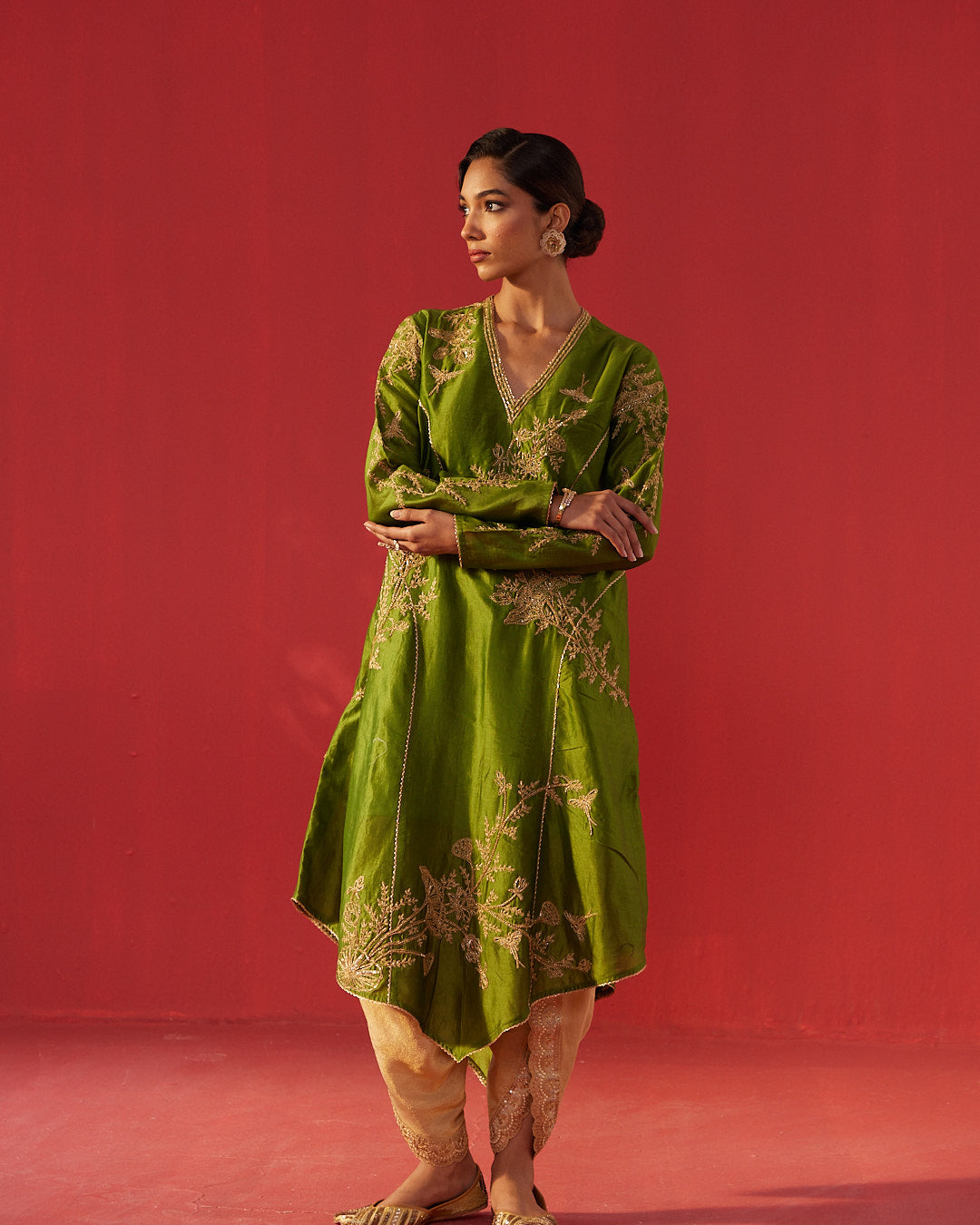 Olive Green Full Embroidered Structured Kurta Set