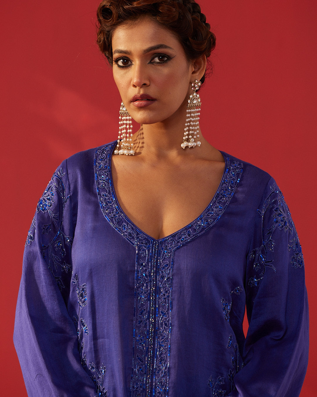 Night Blue Embroidered Chanderi Kurta Set