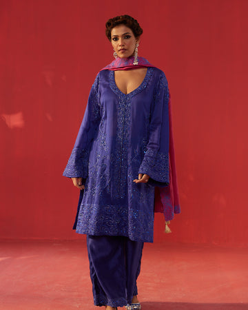 Night Blue Embroidered Chanderi Kurta Set