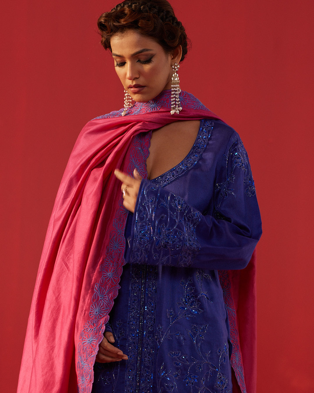 Night Blue Embroidered Chanderi Kurta Set