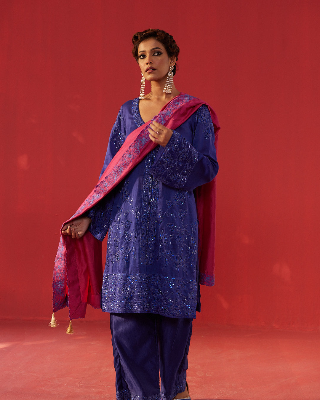 Night Blue Embroidered Chanderi Kurta Set