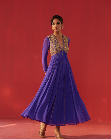 Iris Purple Georgette V-Neck Anarkali Dress