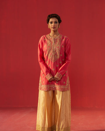 Full Hand Work Embellished Yoke Peach Short Kurta & Pleated Sharara Set