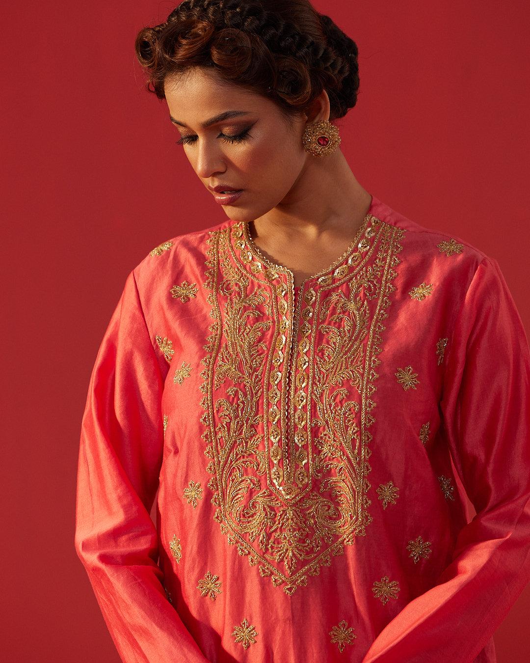 Full Hand Work Embellished Yoke Peach Short Kurta & Pleated Sharara Set