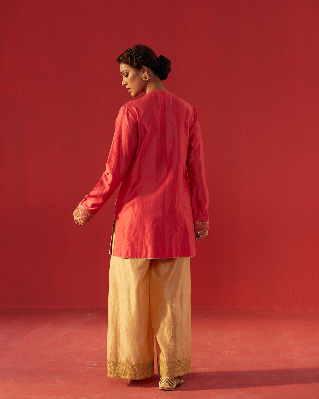 Full Hand Work Embellished Yoke Peach Short Kurta & Pleated Sharara Set