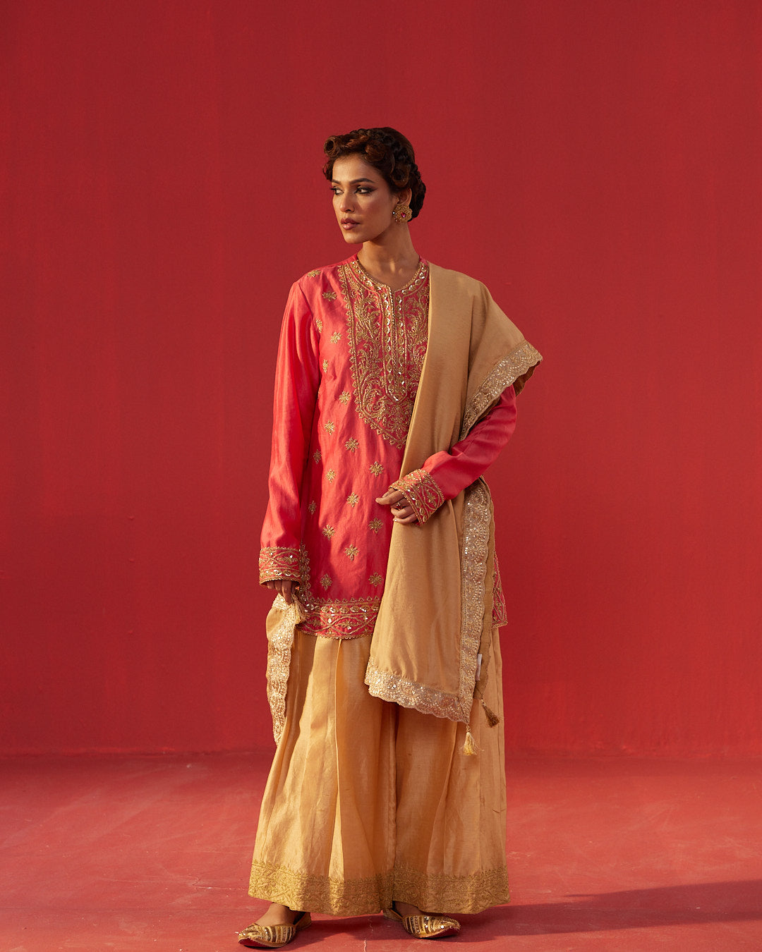 Full Hand Work Embellished Yoke Peach Short Kurta & Pleated Sharara Set
