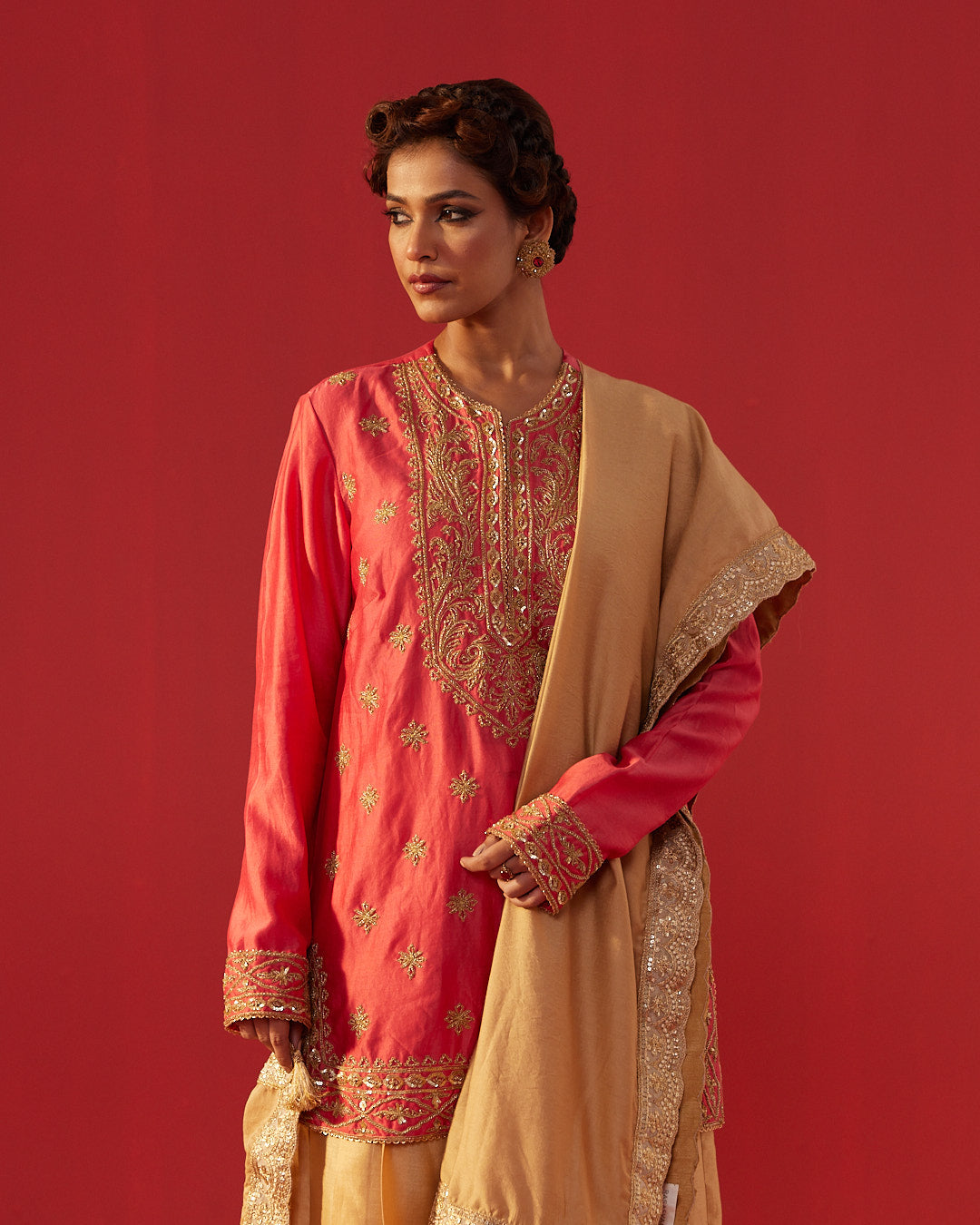 Full Hand Work Embellished Yoke Peach Short Kurta & Pleated Sharara Set