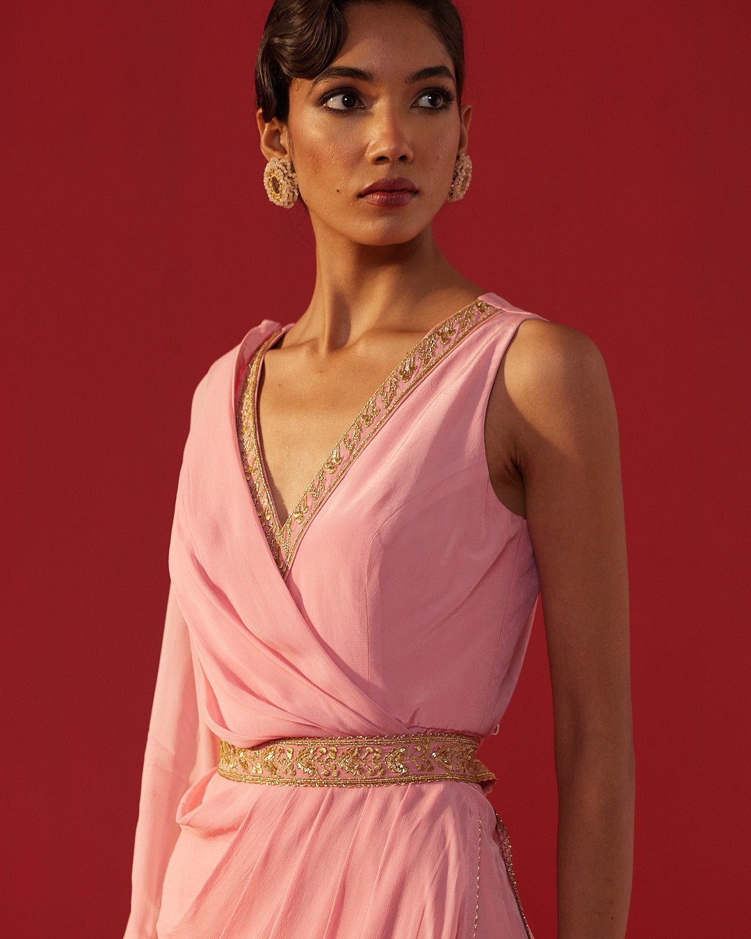 Pink Drape Style Jumpsuit With Embroidered Belt