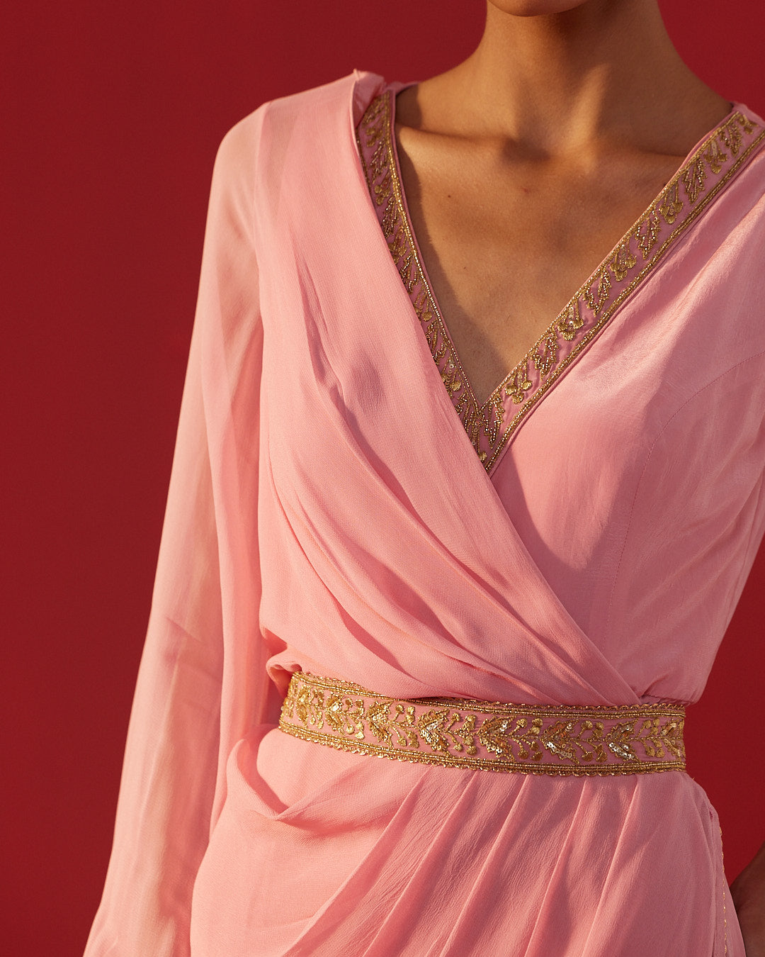 Pink Drape Style Jumpsuit With Embroidered Belt
