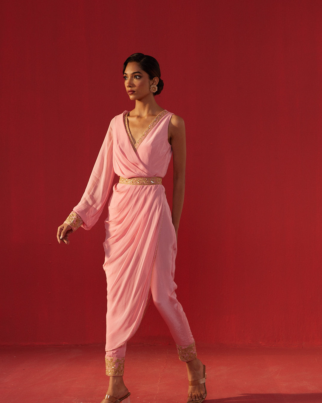 Pink Drape Style Jumpsuit With Embroidered Belt
