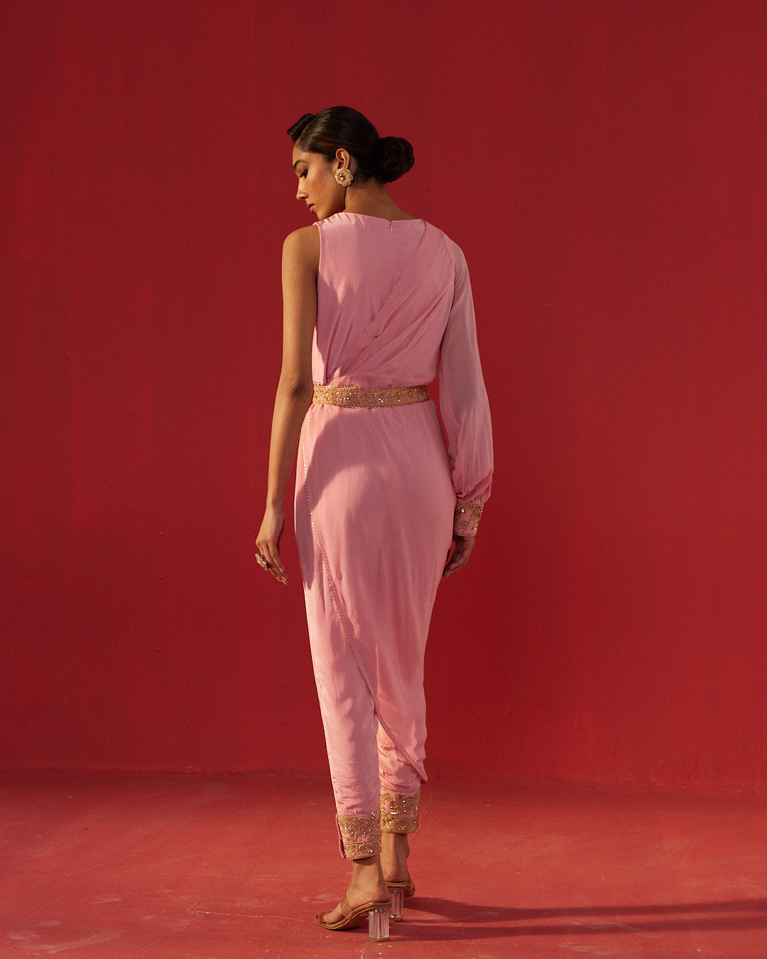 Pink Drape Style Jumpsuit With Embroidered Belt