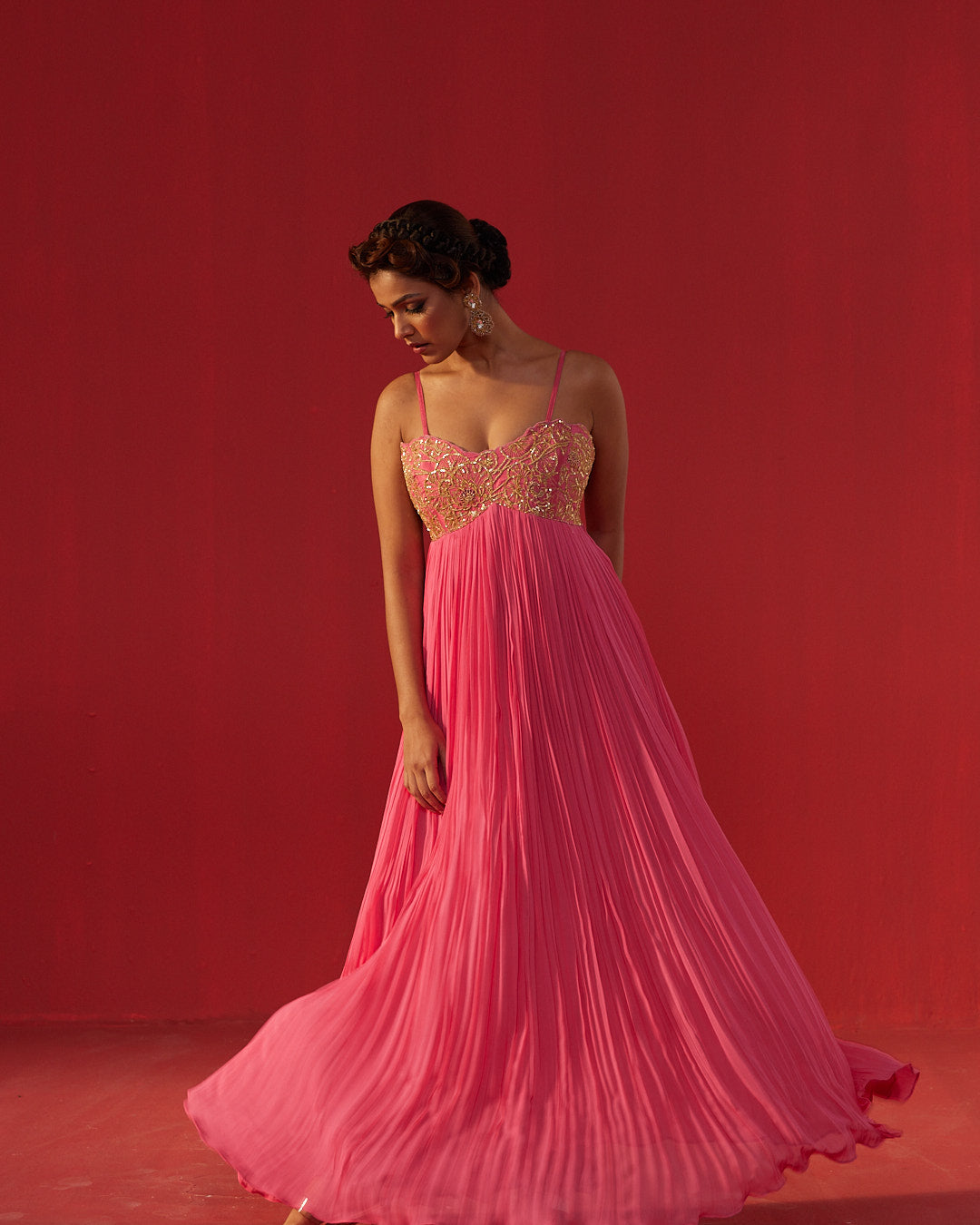 Hot Pink Gathered Anarkali Georgette Dress