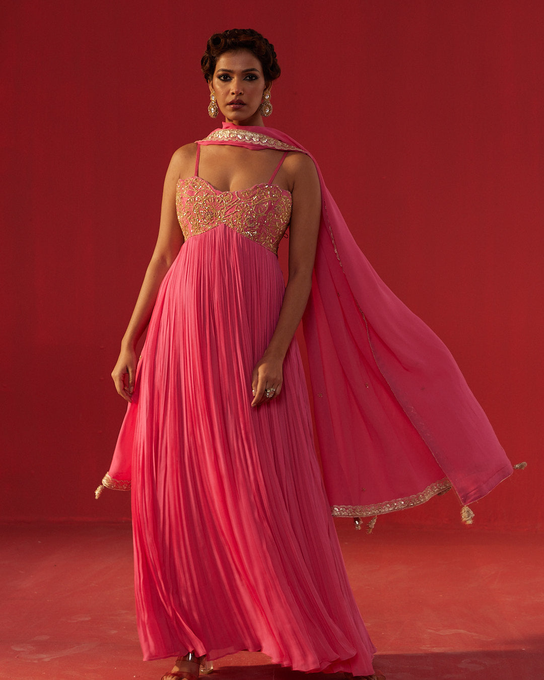 Hot Pink Gathered Anarkali Georgette Dress