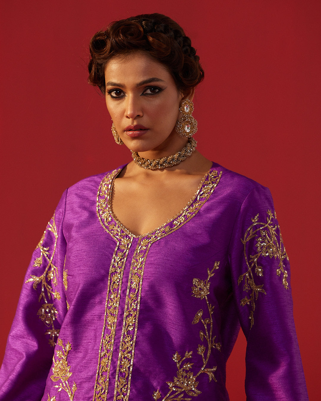 Purple Dupioni Silk Short Kurta with Dhoti Pants