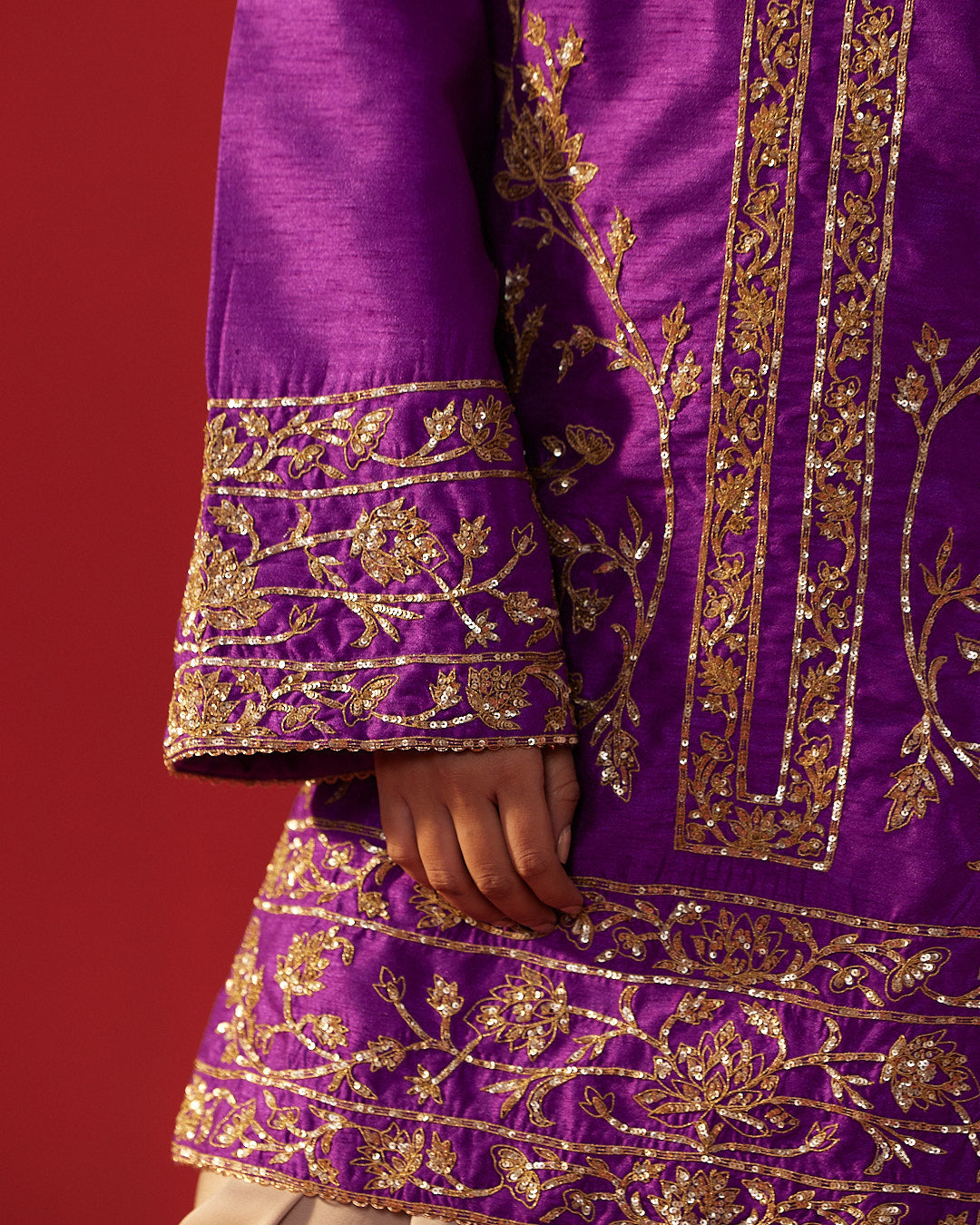 Purple Dupioni Silk Short Kurta with Dhoti Pants
