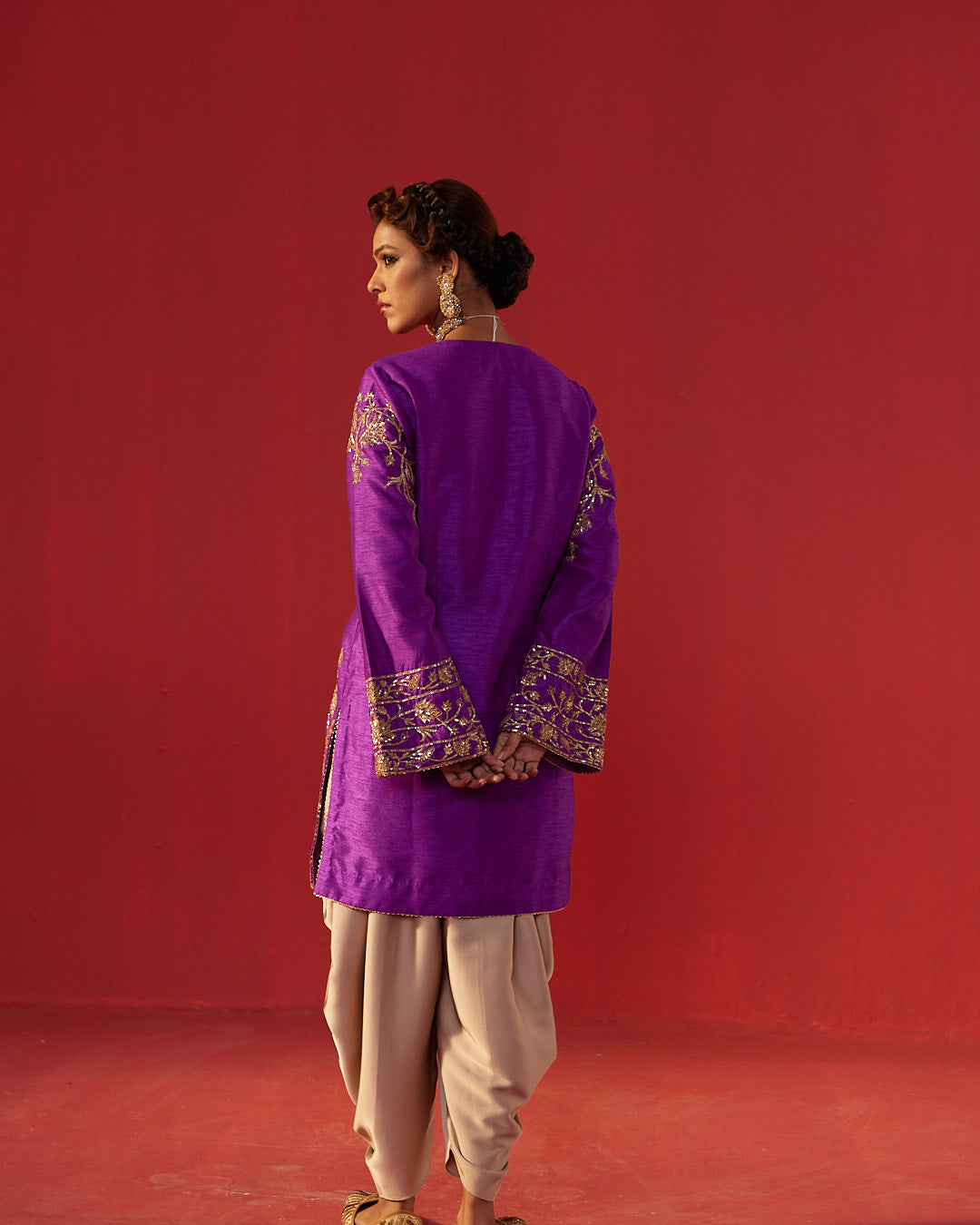 Purple Dupioni Silk Short Kurta with Dhoti Pants