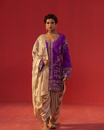 Purple Dupioni Silk Short Kurta with Dhoti Pants