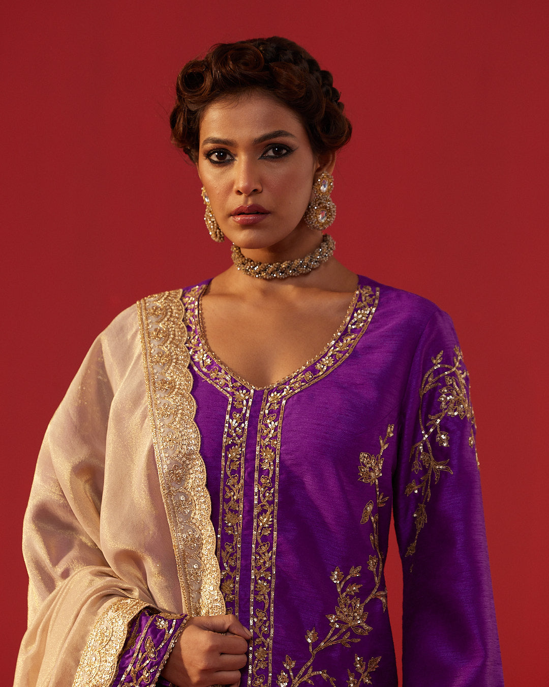 Purple Dupioni Silk Short Kurta with Dhoti Pants