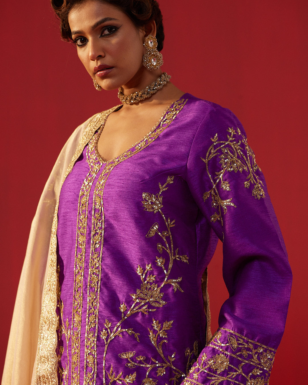 Purple Dupioni Silk Short Kurta with Dhoti Pants