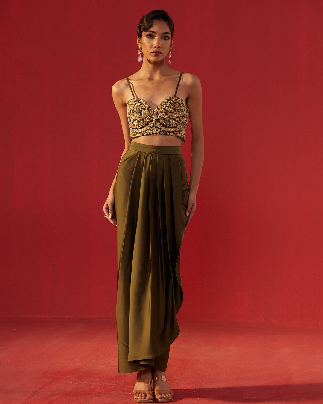 Olive Green Heavy Crepe Drape Skirt Set