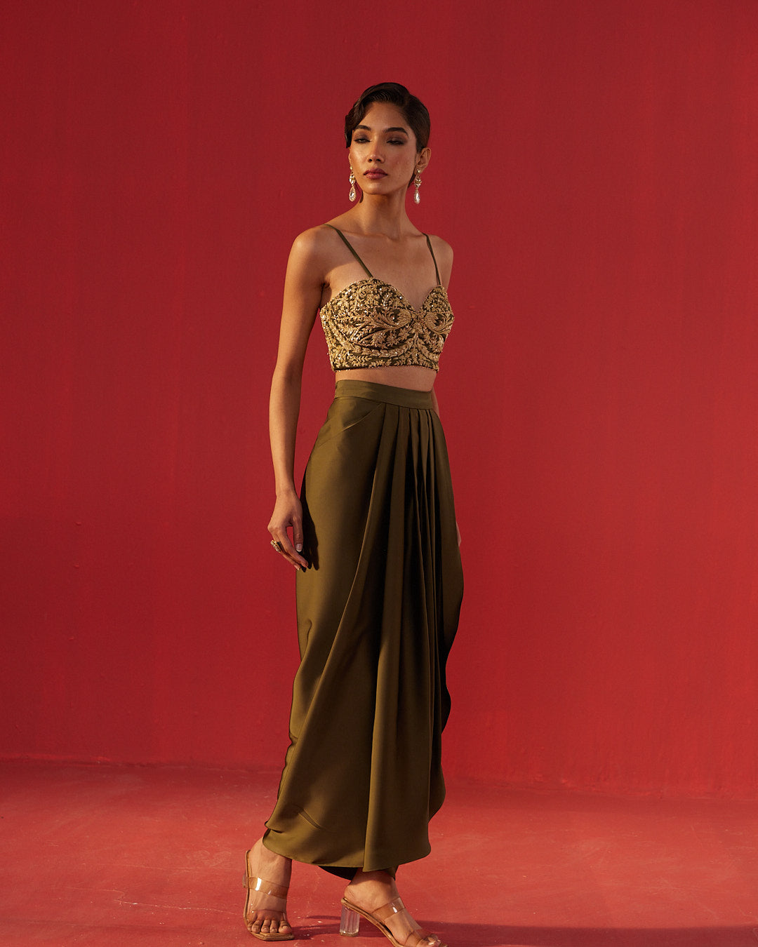 Olive Green Heavy Crepe Drape Skirt Set