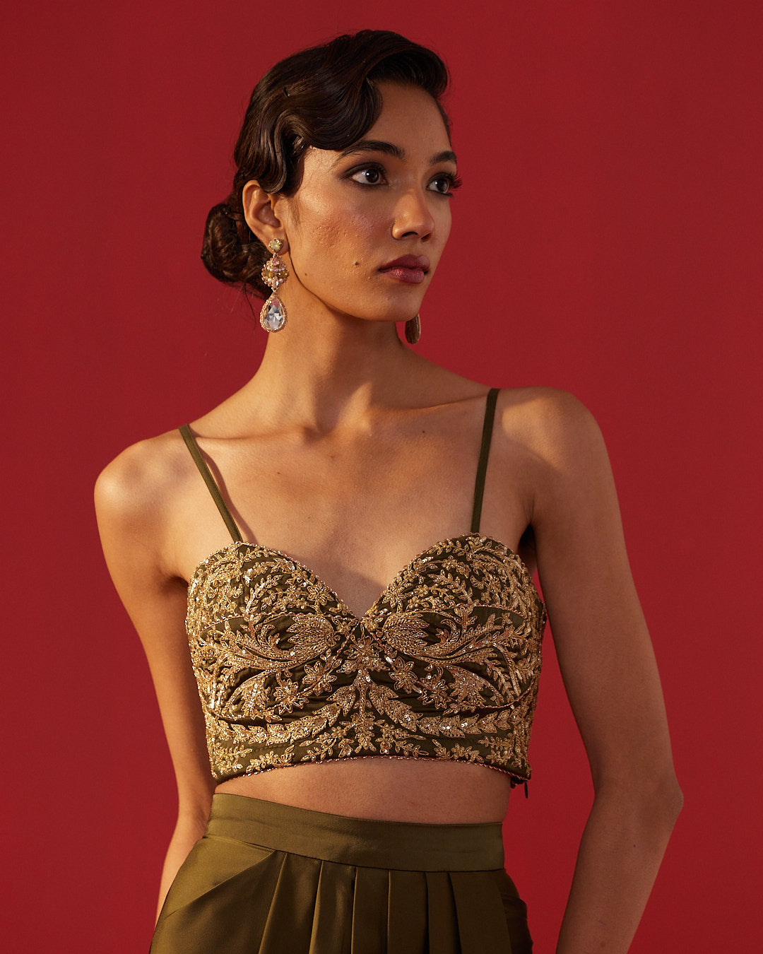 Olive Green Satin Draped Skirt Saree Set