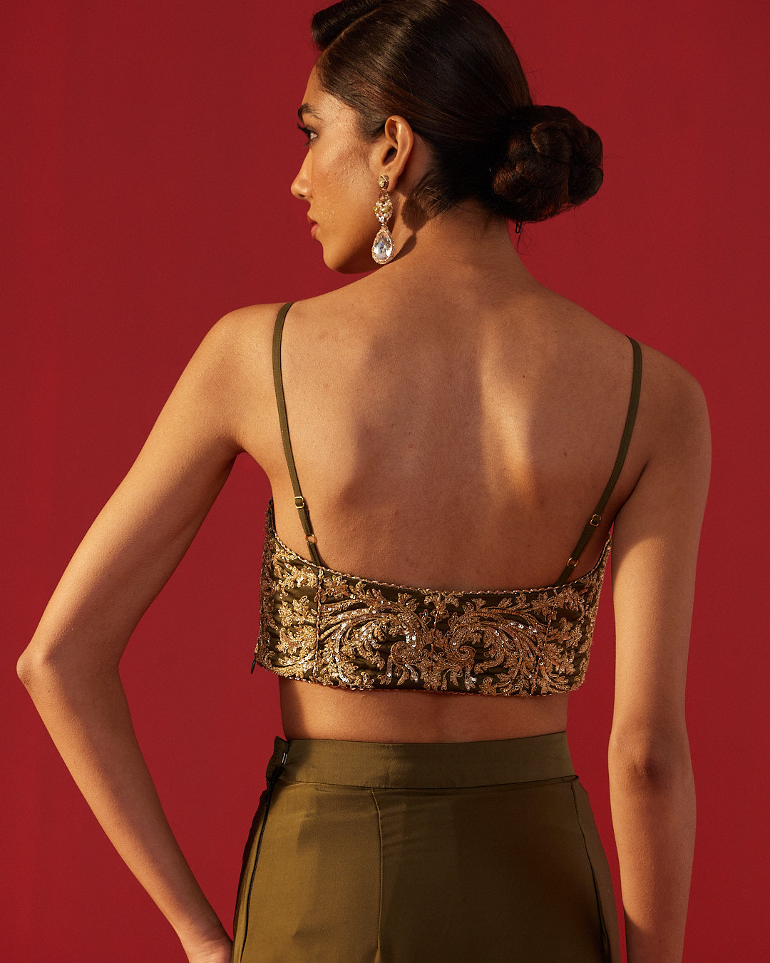 Olive Green Satin Draped Skirt Saree Set